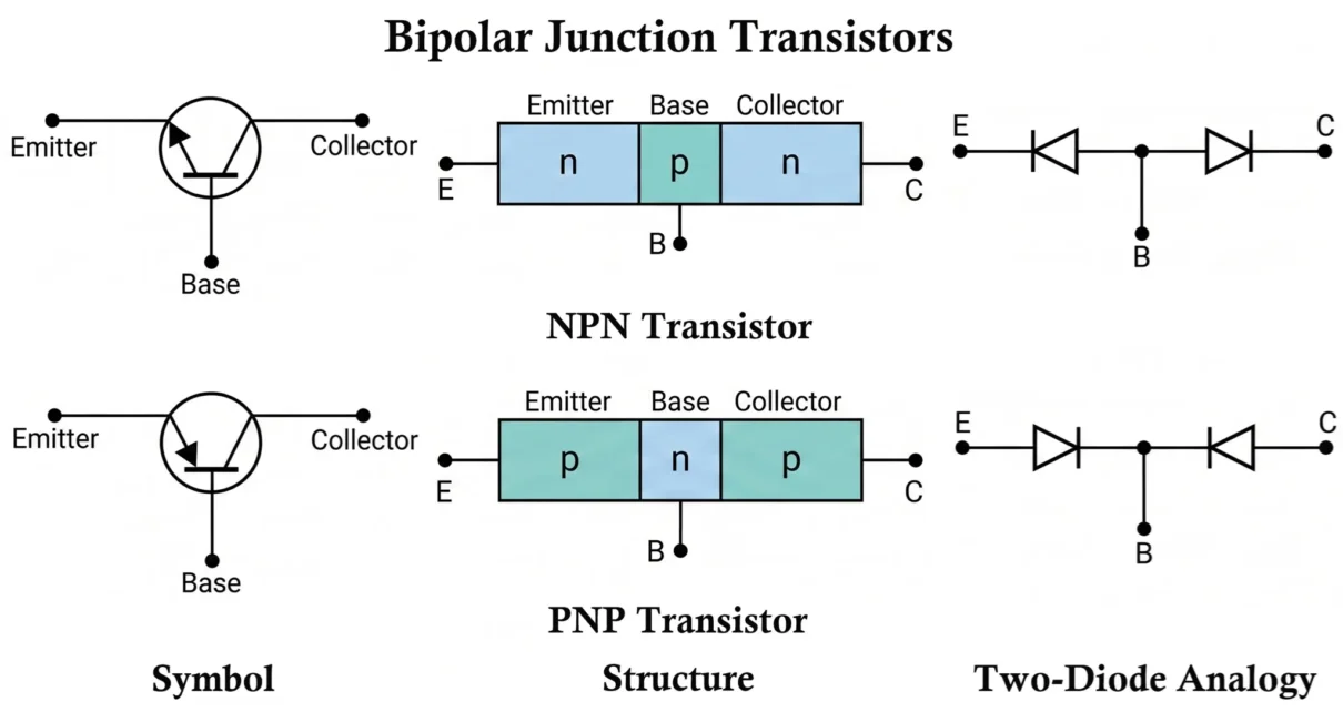 Structure of NPN and PNP Bipolar Junction Transistors